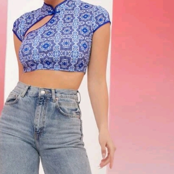 🥂🌟Sexy mandarin  collar crop Slee Keyhole top - Picture 3 of 5